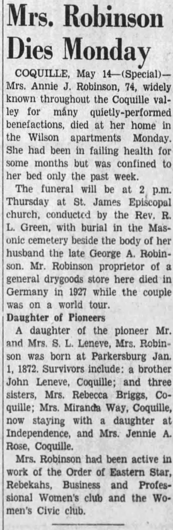 Obituary for Annie J. Robinson (Aged 74)